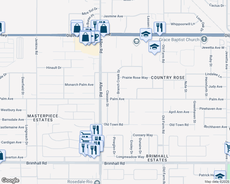 map of restaurants, bars, coffee shops, grocery stores, and more near 2001 Branch Creek Street in Bakersfield