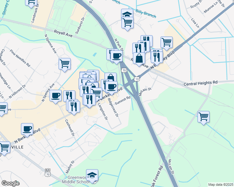 map of restaurants, bars, coffee shops, grocery stores, and more near 877-899 N Berkeley Blvd in Goldsboro