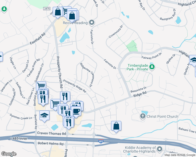map of restaurants, bars, coffee shops, grocery stores, and more near 9706 Rocky Ford Club Road in Charlotte