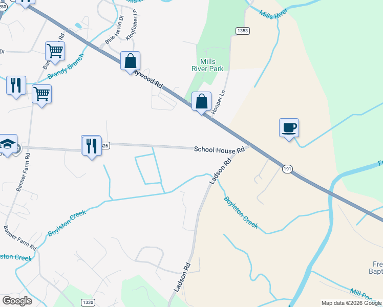map of restaurants, bars, coffee shops, grocery stores, and more near 20 School House Road in Mills River