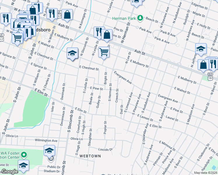 map of restaurants, bars, coffee shops, grocery stores, and more near 302 South Bright Street in Goldsboro