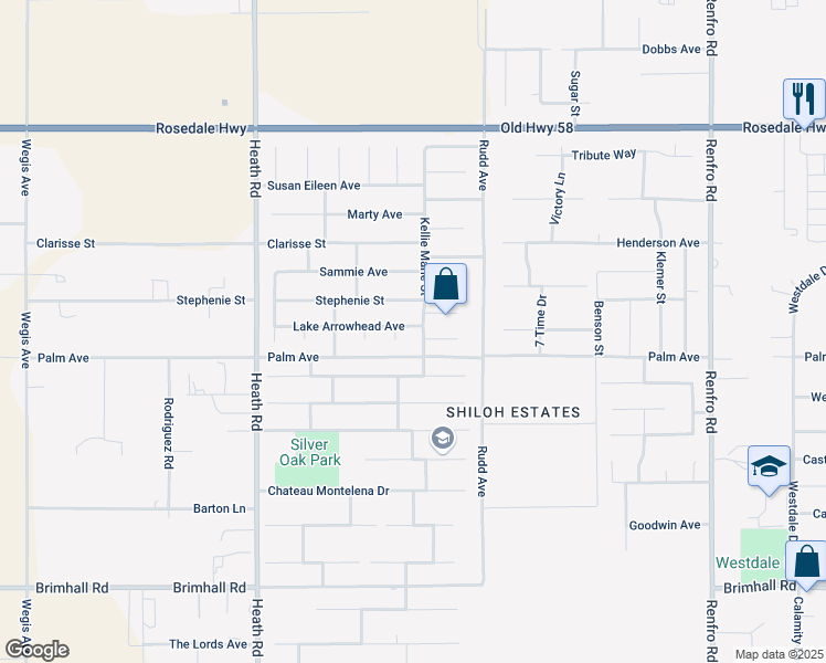 map of restaurants, bars, coffee shops, grocery stores, and more near 15542 Lake Arrowhead Avenue in Bakersfield