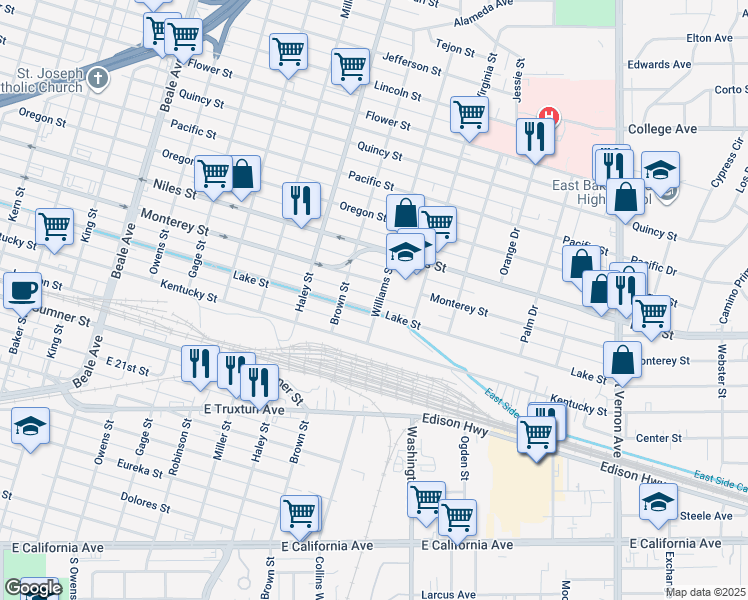 map of restaurants, bars, coffee shops, grocery stores, and more near 1114 Williams Street in Bakersfield