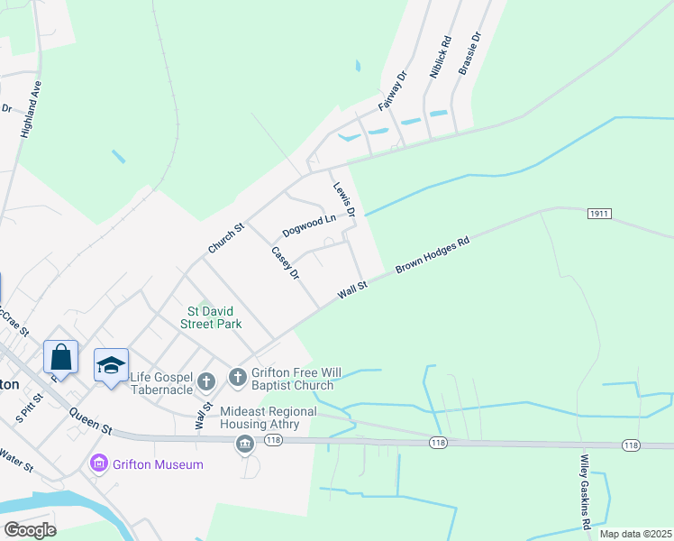 map of restaurants, bars, coffee shops, grocery stores, and more near 806 Lewis Drive in Grifton