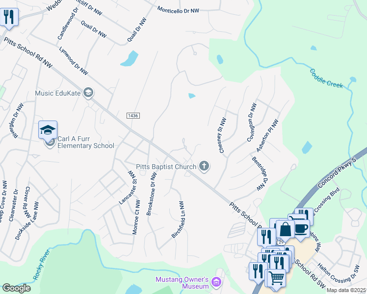 map of restaurants, bars, coffee shops, grocery stores, and more near 240 Pitts School Road Northwest in Concord