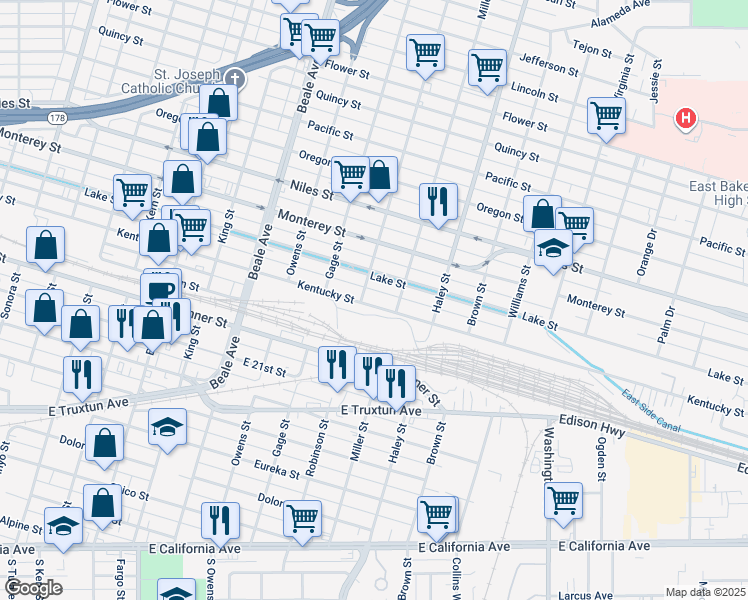 map of restaurants, bars, coffee shops, grocery stores, and more near 1218 Kentucky Street in Bakersfield