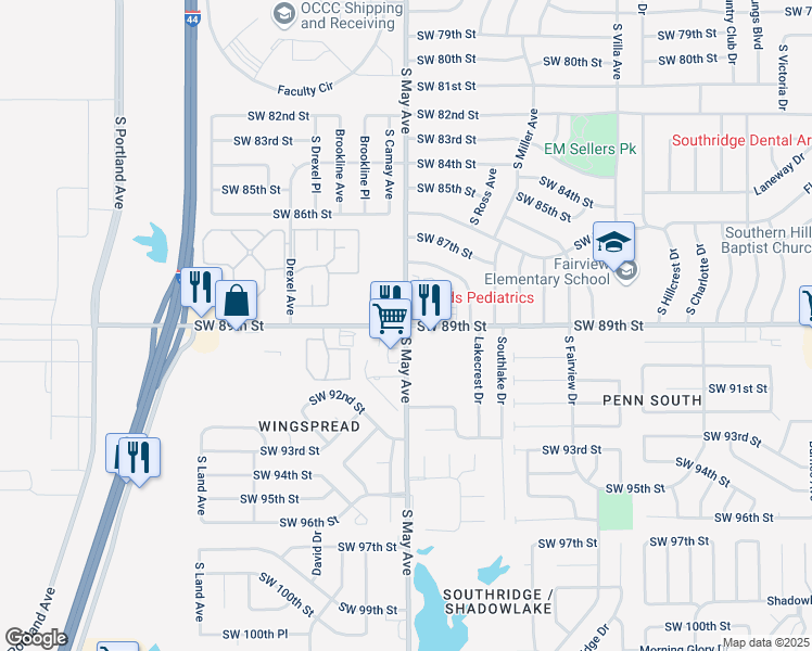 map of restaurants, bars, coffee shops, grocery stores, and more near South May Avenue & Southwest 89th Street in Oklahoma City