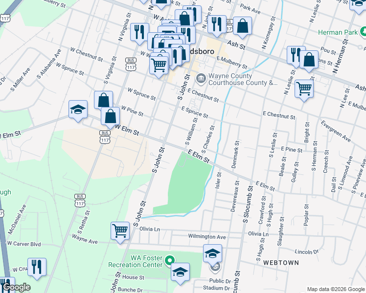 map of restaurants, bars, coffee shops, grocery stores, and more near 408 South William Street in Goldsboro