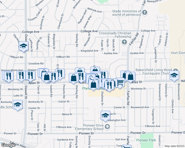 map of restaurants, bars, coffee shops, grocery stores, and more near 1010 Mccurdy Drive in Bakersfield