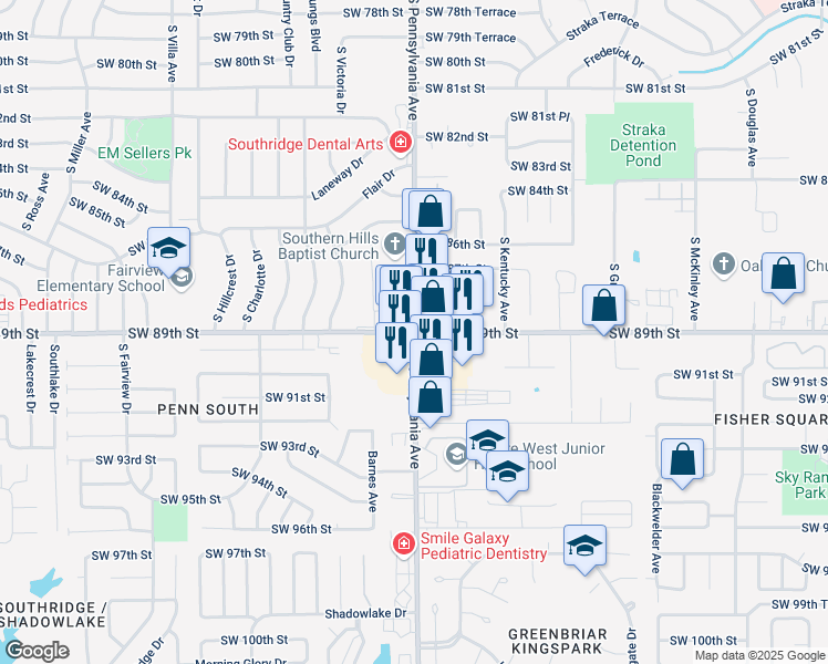 map of restaurants, bars, coffee shops, grocery stores, and more near S Pennsylvania Ave & SW 89th St in Oklahoma City