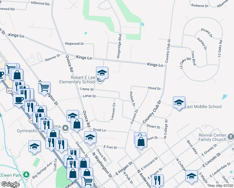map of restaurants, bars, coffee shops, grocery stores, and more near 610 Layne Street in Tullahoma