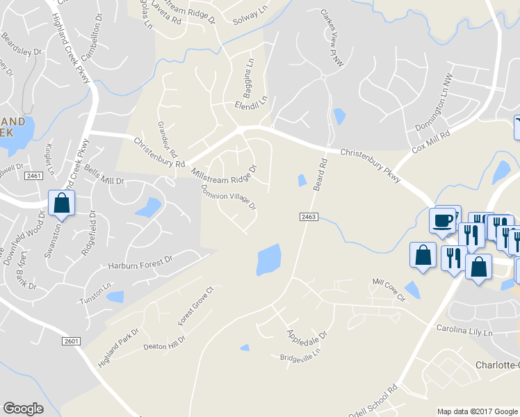 map of restaurants, bars, coffee shops, grocery stores, and more near 10429 Dominion Village Drive in Charlotte