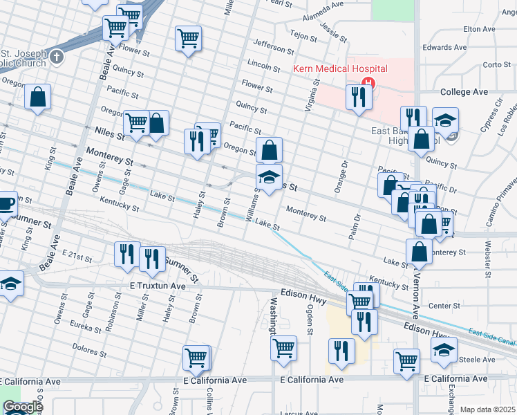 map of restaurants, bars, coffee shops, grocery stores, and more near 1201 Williams Street in Bakersfield