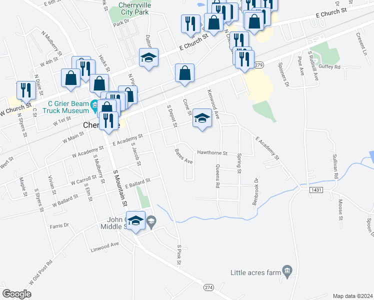 map of restaurants, bars, coffee shops, grocery stores, and more near 602 Hawthorne Street in Cherryville
