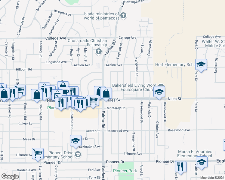 map of restaurants, bars, coffee shops, grocery stores, and more near 2105 Autumn Street in Bakersfield