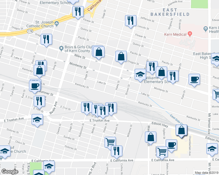 map of restaurants, bars, coffee shops, grocery stores, and more near 1314 Lake Street in Bakersfield