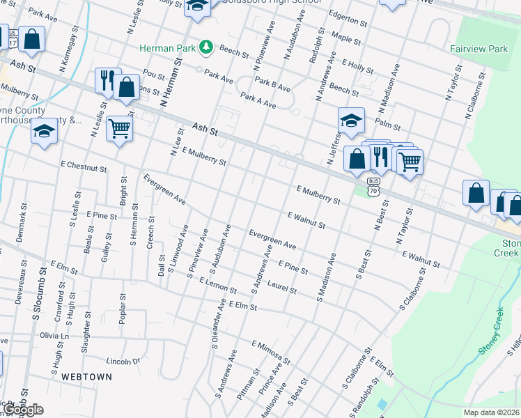 map of restaurants, bars, coffee shops, grocery stores, and more near 1308 East Walnut Street in Goldsboro