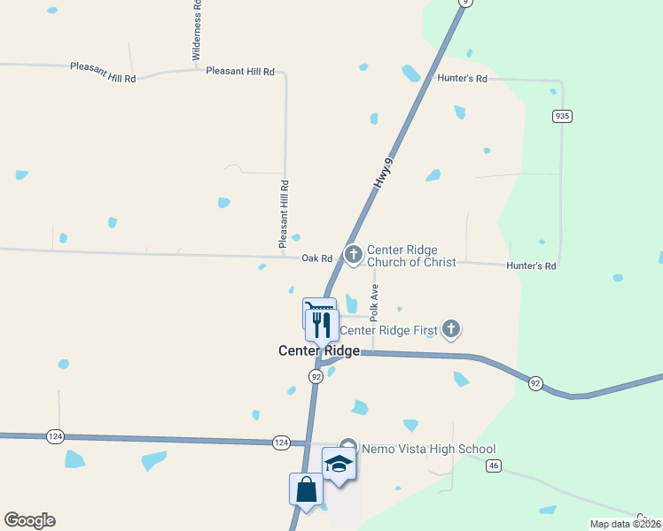 map of restaurants, bars, coffee shops, grocery stores, and more near 5803 Arkansas 9 in Center Ridge
