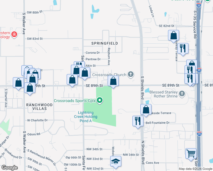 map of restaurants, bars, coffee shops, grocery stores, and more near 125 Southeast 89th Street in Oklahoma City