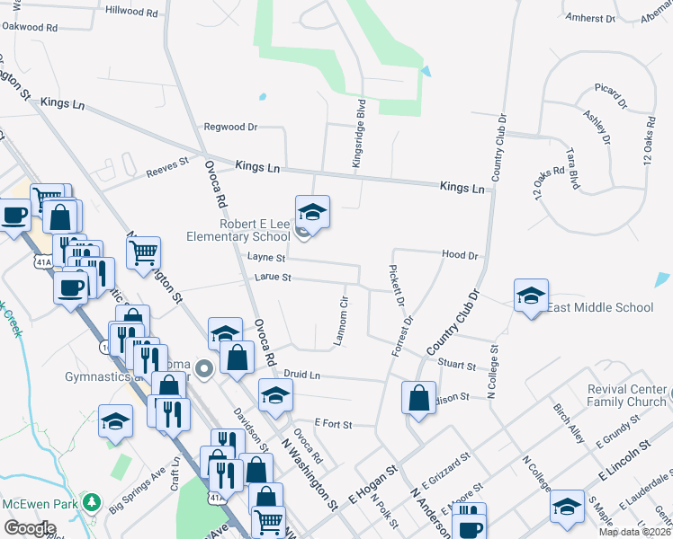 map of restaurants, bars, coffee shops, grocery stores, and more near 610 Layne Street in Tullahoma