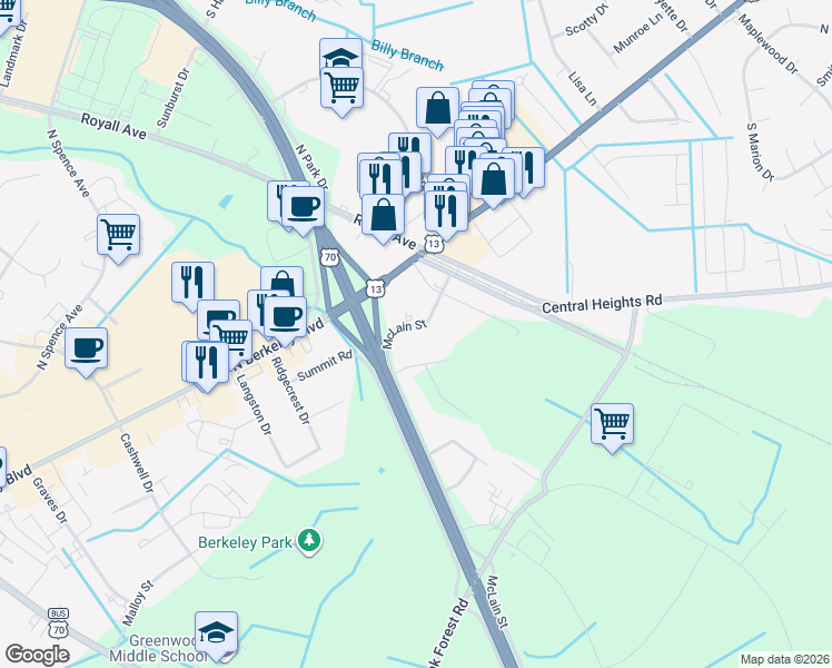 map of restaurants, bars, coffee shops, grocery stores, and more near 2817 McLain Street in Goldsboro