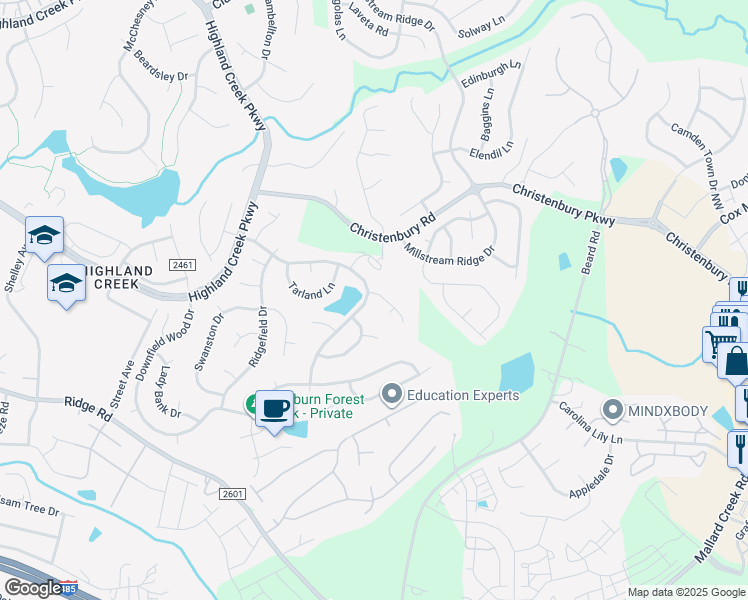 map of restaurants, bars, coffee shops, grocery stores, and more near 7700 Dunoon Lane in Charlotte