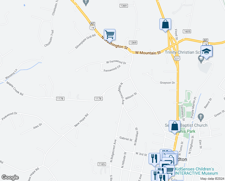 map of restaurants, bars, coffee shops, grocery stores, and more near 183 Maple Creek Road in Rutherfordton