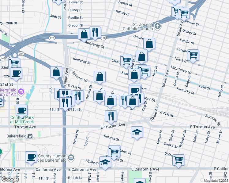 map of restaurants, bars, coffee shops, grocery stores, and more near 427 Sumner Street in Bakersfield