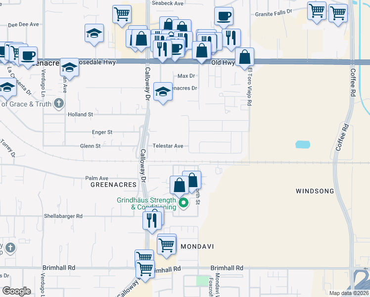map of restaurants, bars, coffee shops, grocery stores, and more near 2000 Suncrisp Lane in Bakersfield