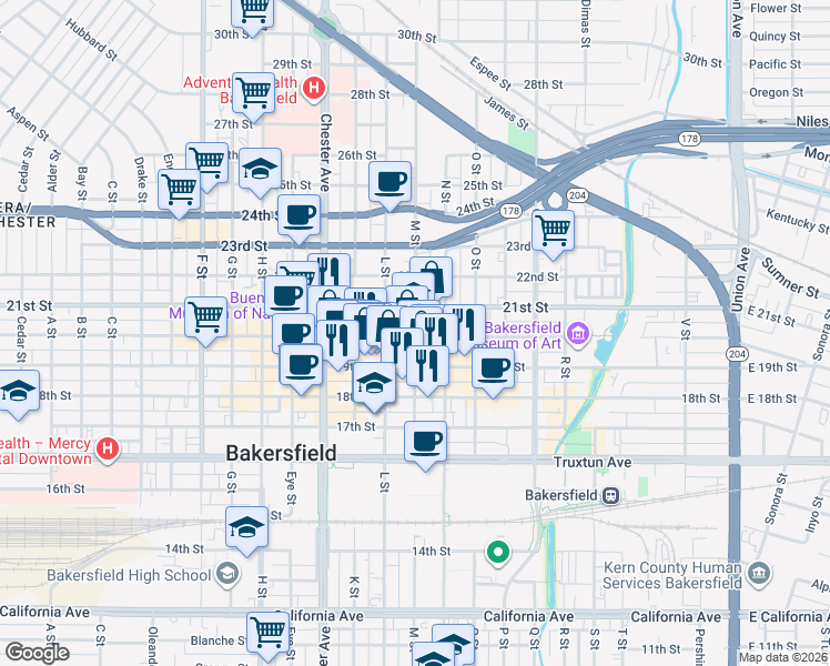 map of restaurants, bars, coffee shops, grocery stores, and more near 2021 M Street in Bakersfield