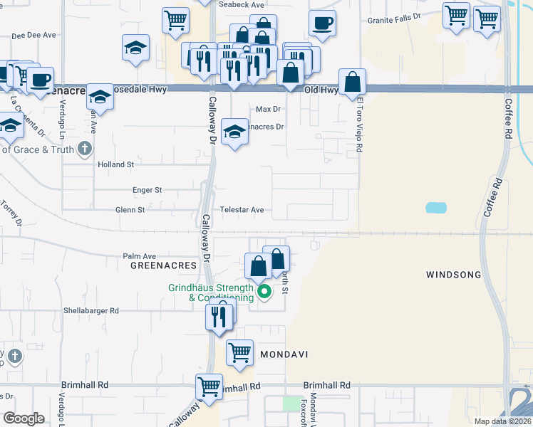 map of restaurants, bars, coffee shops, grocery stores, and more near 2000 Suncrisp Lane in Bakersfield