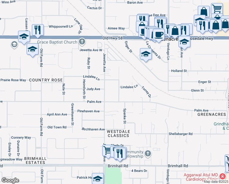 map of restaurants, bars, coffee shops, grocery stores, and more near 2022 Jewetta Avenue in Bakersfield