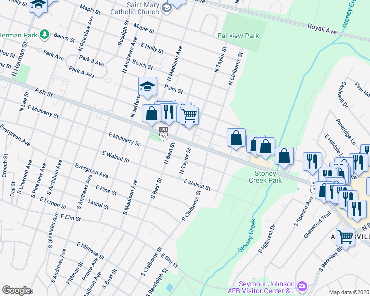 map of restaurants, bars, coffee shops, grocery stores, and more near 1802 East Ash Street in Goldsboro