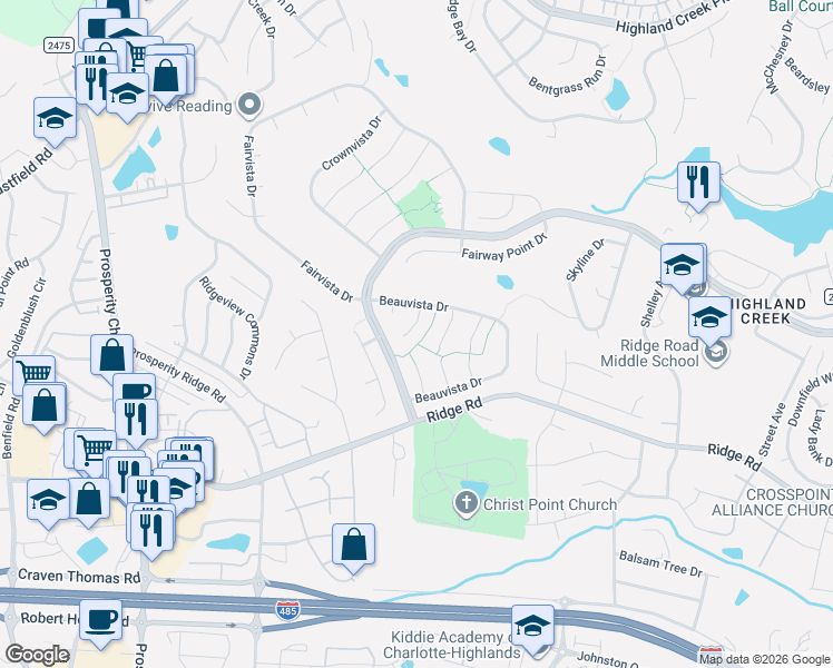 map of restaurants, bars, coffee shops, grocery stores, and more near 6228 Hickory Cove Lane in Charlotte