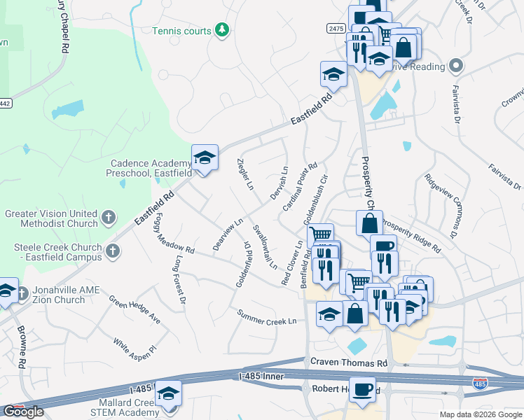 map of restaurants, bars, coffee shops, grocery stores, and more near 12434 Dervish Lane in Charlotte