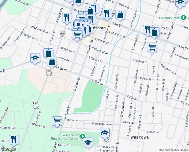 map of restaurants, bars, coffee shops, grocery stores, and more near 408 South William Street in Goldsboro