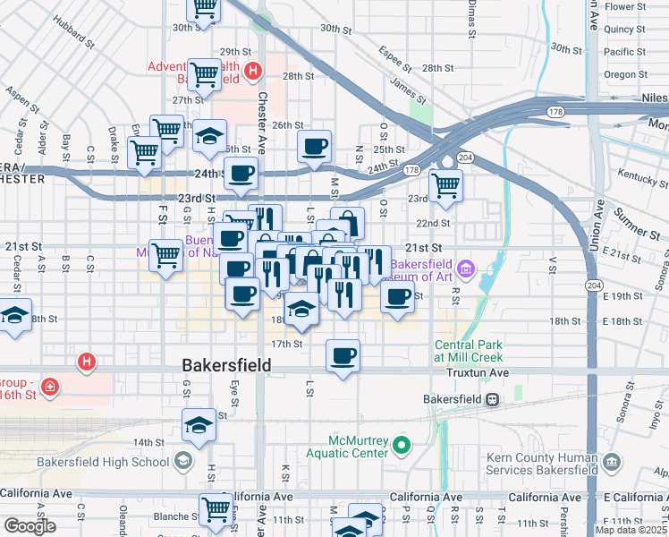 map of restaurants, bars, coffee shops, grocery stores, and more near 2021 M Street in Bakersfield