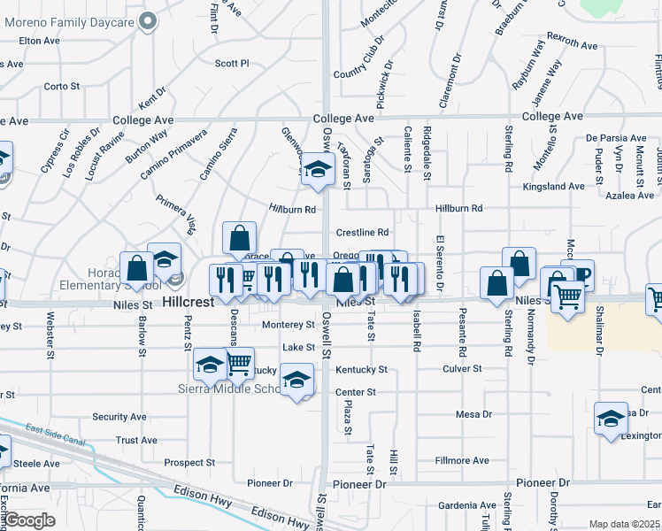 map of restaurants, bars, coffee shops, grocery stores, and more near 1325 Oswell Street in Bakersfield