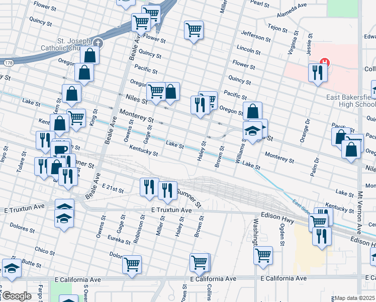 map of restaurants, bars, coffee shops, grocery stores, and more near 1307 Lake Street in Bakersfield