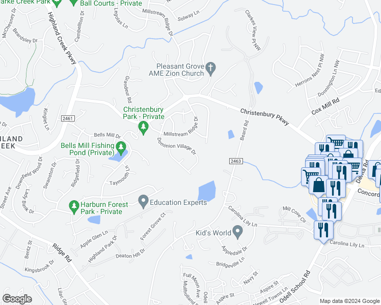 map of restaurants, bars, coffee shops, grocery stores, and more near 10416 Dominion Village Drive in Charlotte