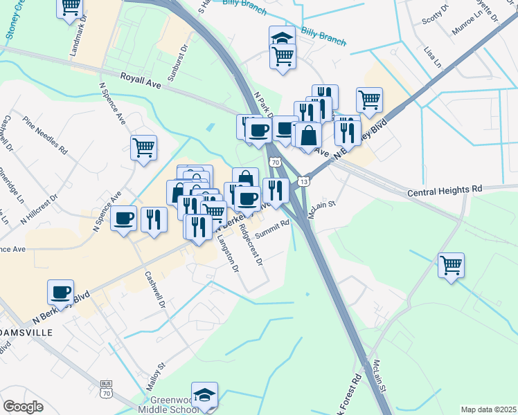 map of restaurants, bars, coffee shops, grocery stores, and more near 877 North Berkeley Boulevard in Goldsboro