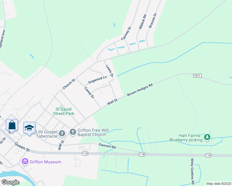 map of restaurants, bars, coffee shops, grocery stores, and more near 829 Lewis Drive in Grifton