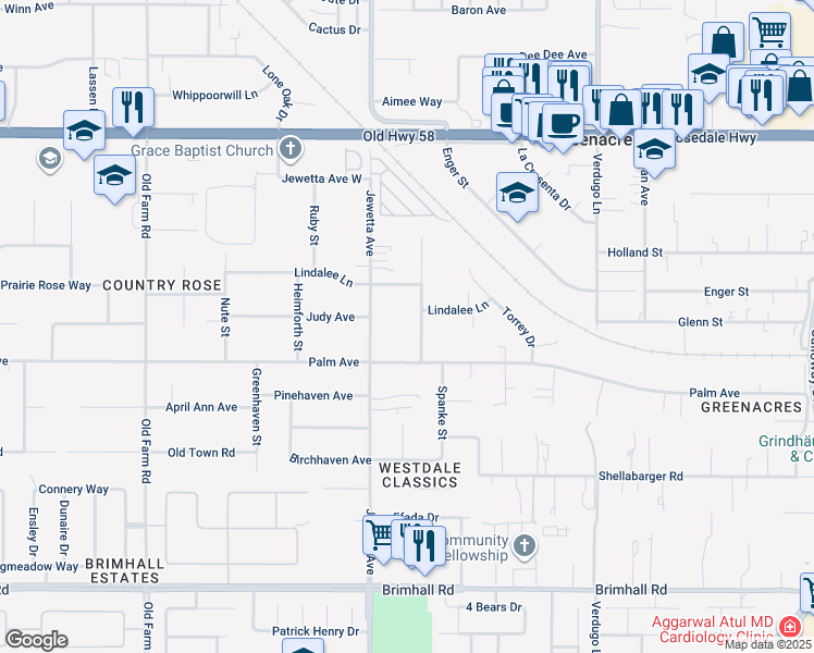 map of restaurants, bars, coffee shops, grocery stores, and more near 2022 Jewetta Avenue in Bakersfield