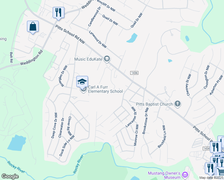 map of restaurants, bars, coffee shops, grocery stores, and more near 2668 Brackley Place Northwest in Concord