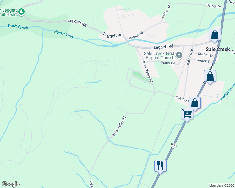 map of restaurants, bars, coffee shops, grocery stores, and more near 200 Reavley Road in Sale Creek