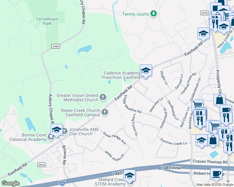map of restaurants, bars, coffee shops, grocery stores, and more near 12111 Eastfield Road in Huntersville