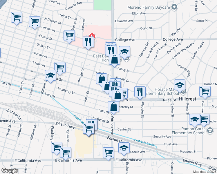 map of restaurants, bars, coffee shops, grocery stores, and more near 2123 Oregon Street in Bakersfield