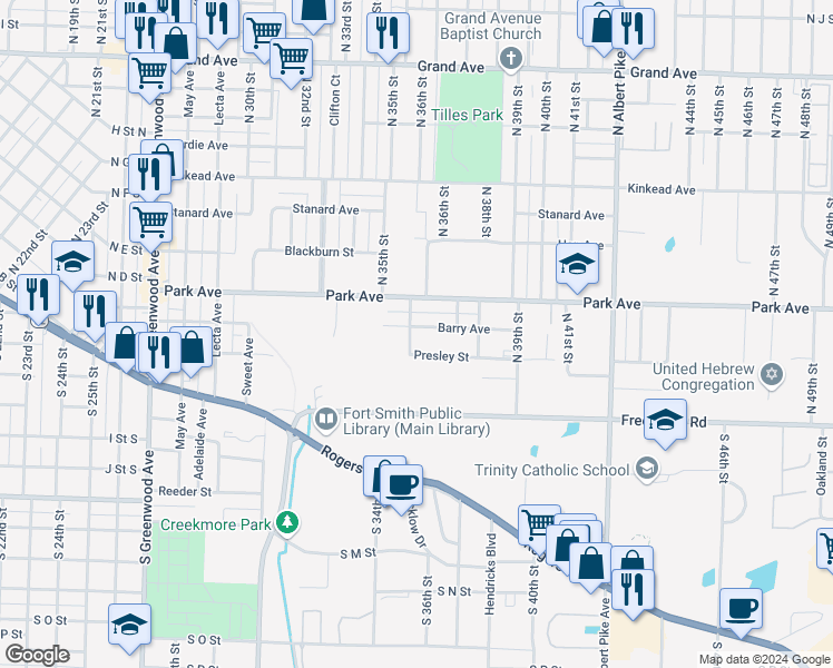 map of restaurants, bars, coffee shops, grocery stores, and more near 3602 Barry Avenue in Fort Smith