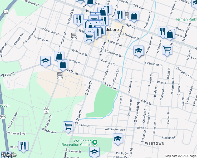 map of restaurants, bars, coffee shops, grocery stores, and more near 207 East Elm Street in Goldsboro