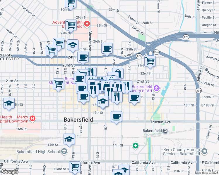 map of restaurants, bars, coffee shops, grocery stores, and more near 2021 M Street in Bakersfield